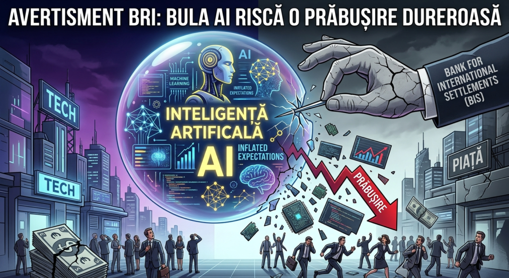bula AI illustration for Avertisment BRI: Bula inteligenței artificiale riscă o prăbușire dureroasă în tehnologie.