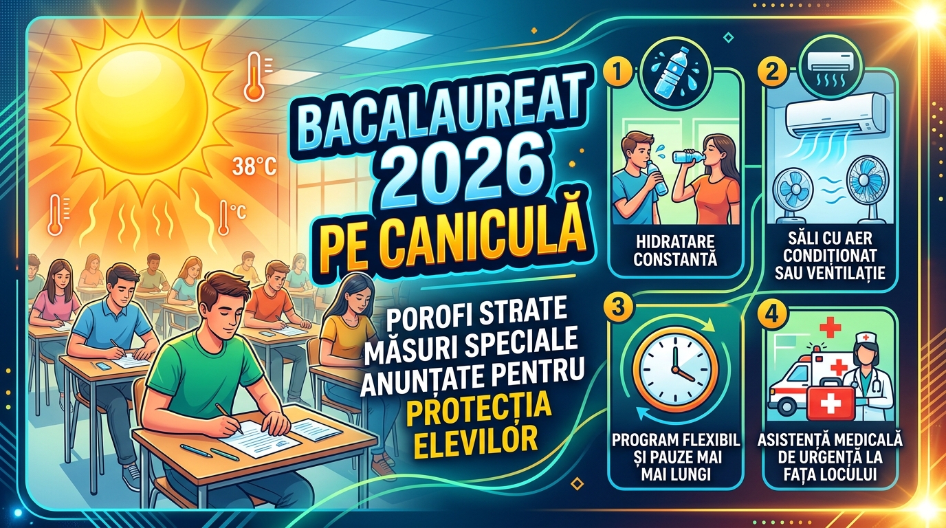 Illustration of Bacalaureat 2026 pe caniculă: Măsuri speciale anunțate pentru protecția elevilor.