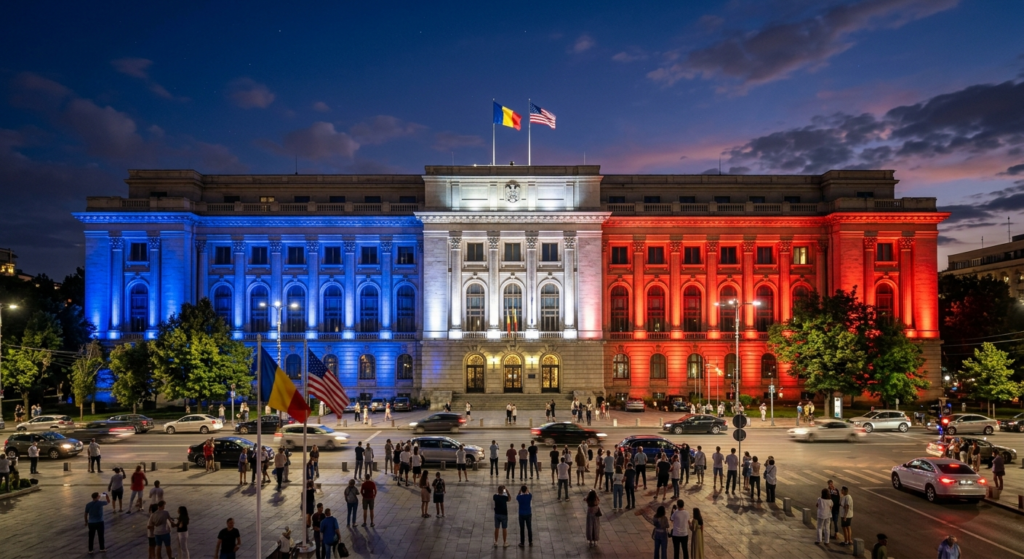 Palatul Victoria culorile SUA illustration for Guvernul României a iluminat Palatul Victoria în culorile SUA de Ziua Americii