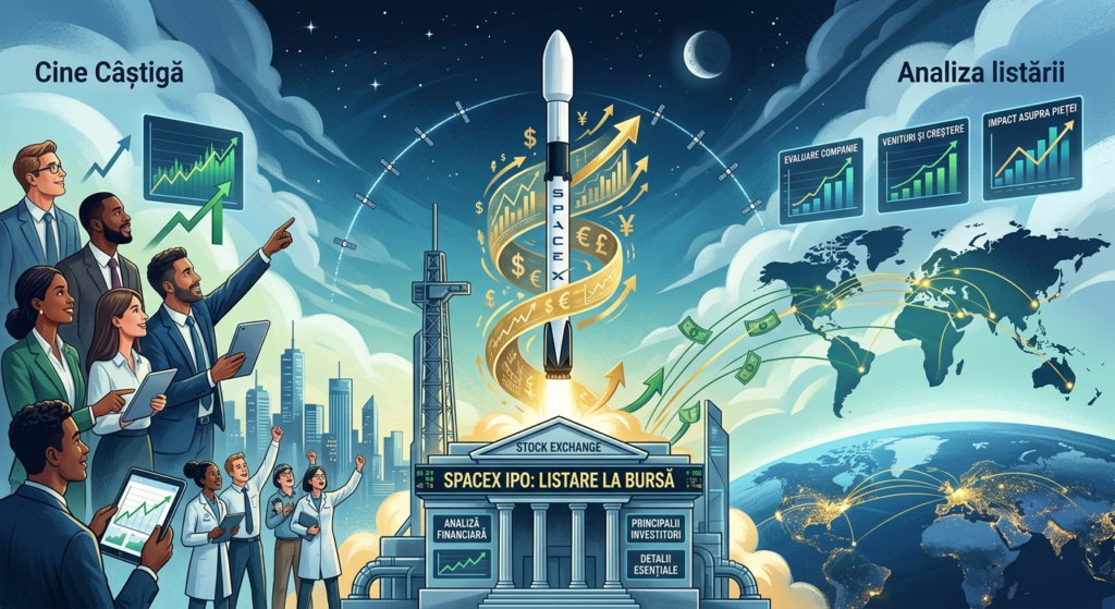 Illustration of IPO SpaceX: Analiza listării la bursă, cine câștigă și detalii esențiale.