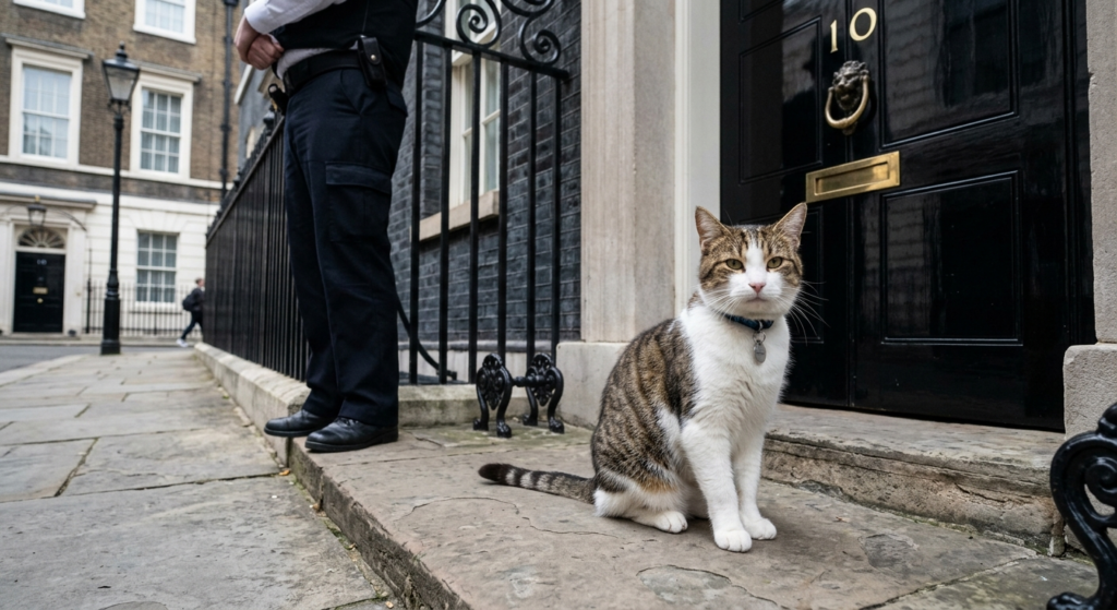 Larry the Cat illustration for Larry, motanul din Downing Street care a supraviețuit șase premieri.