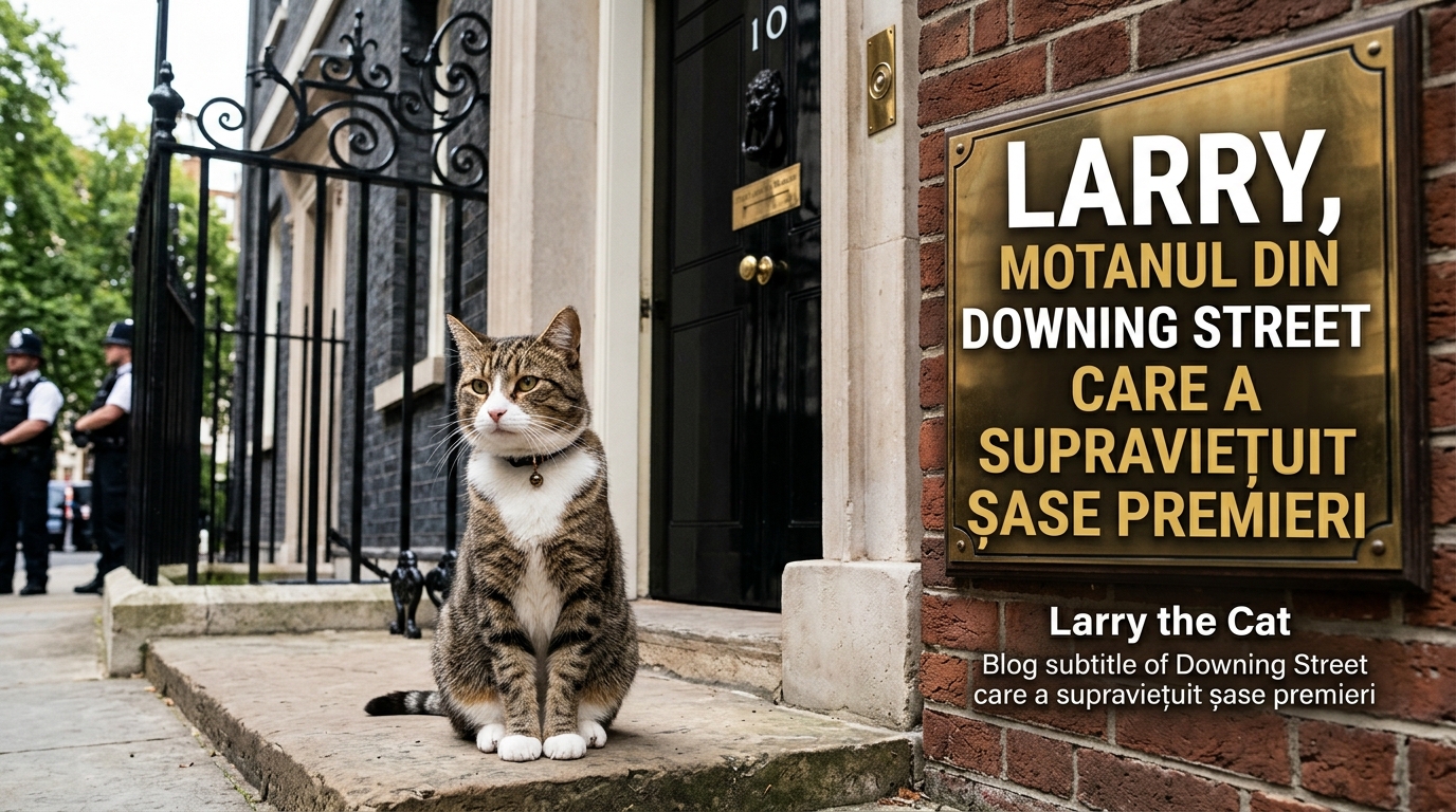 Larry the Cat illustration for Larry, motanul din Downing Street care a supraviețuit șase premieri.