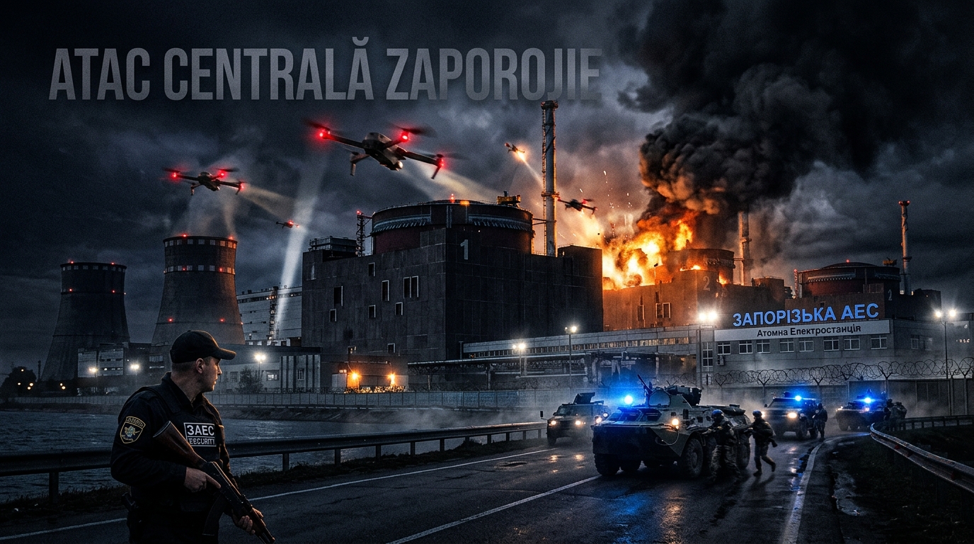 atac centrala Zaporojie illustration for Rusia acuză Ucraina de un atac mortal cu drone la centrala Zaporojie.