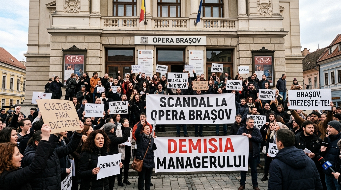 Illustration of Scandal la Opera Brașov: 150 de angajați protestează și cer demisia managerului.