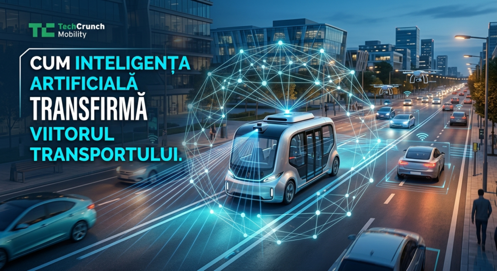 AI in transportation illustration for TechCrunch Mobility: Cum Inteligența Artificială transformă viitorul transportului.