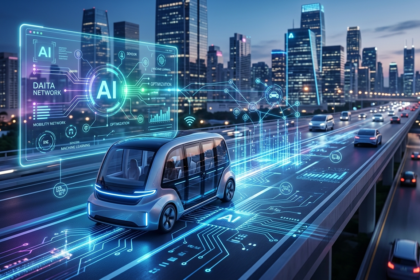 AI in transportation illustration for TechCrunch Mobility: Cum Inteligența Artificială transformă viitorul transportului.