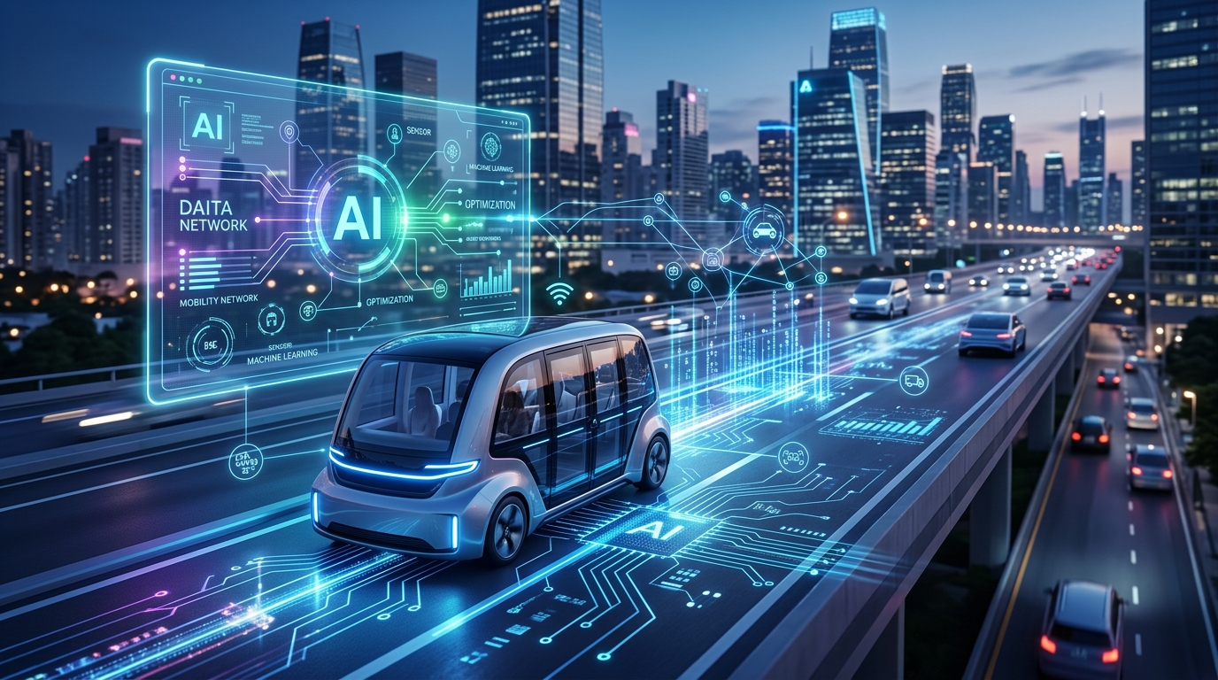 AI in transportation illustration for TechCrunch Mobility: Cum Inteligența Artificială transformă viitorul transportului.