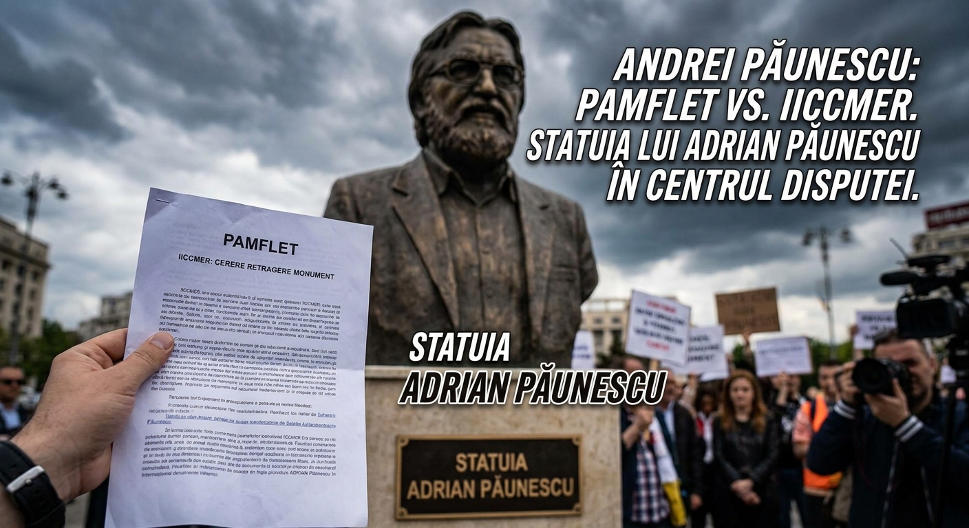 Statuia Adrian Păunescu illustration for Andrei Păunescu, pamflet la cererea IICCMER de a retrage monumentul tatălui său.