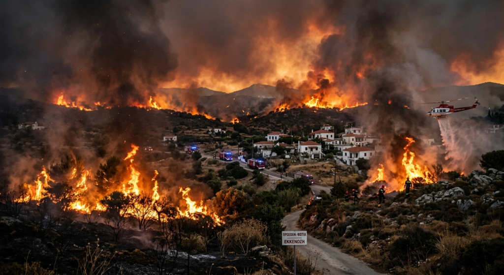 incendii în Grecia illustration for Criză majoră în Grecia: Peste 60 de incendii de vegetație active.