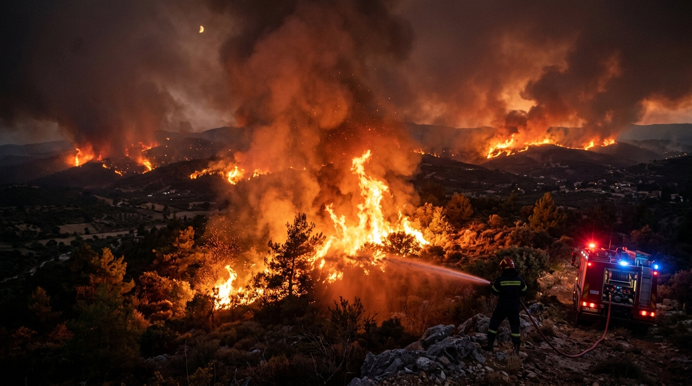 incendii în Grecia illustration for Criză majoră în Grecia: Peste 60 de incendii de vegetație active.