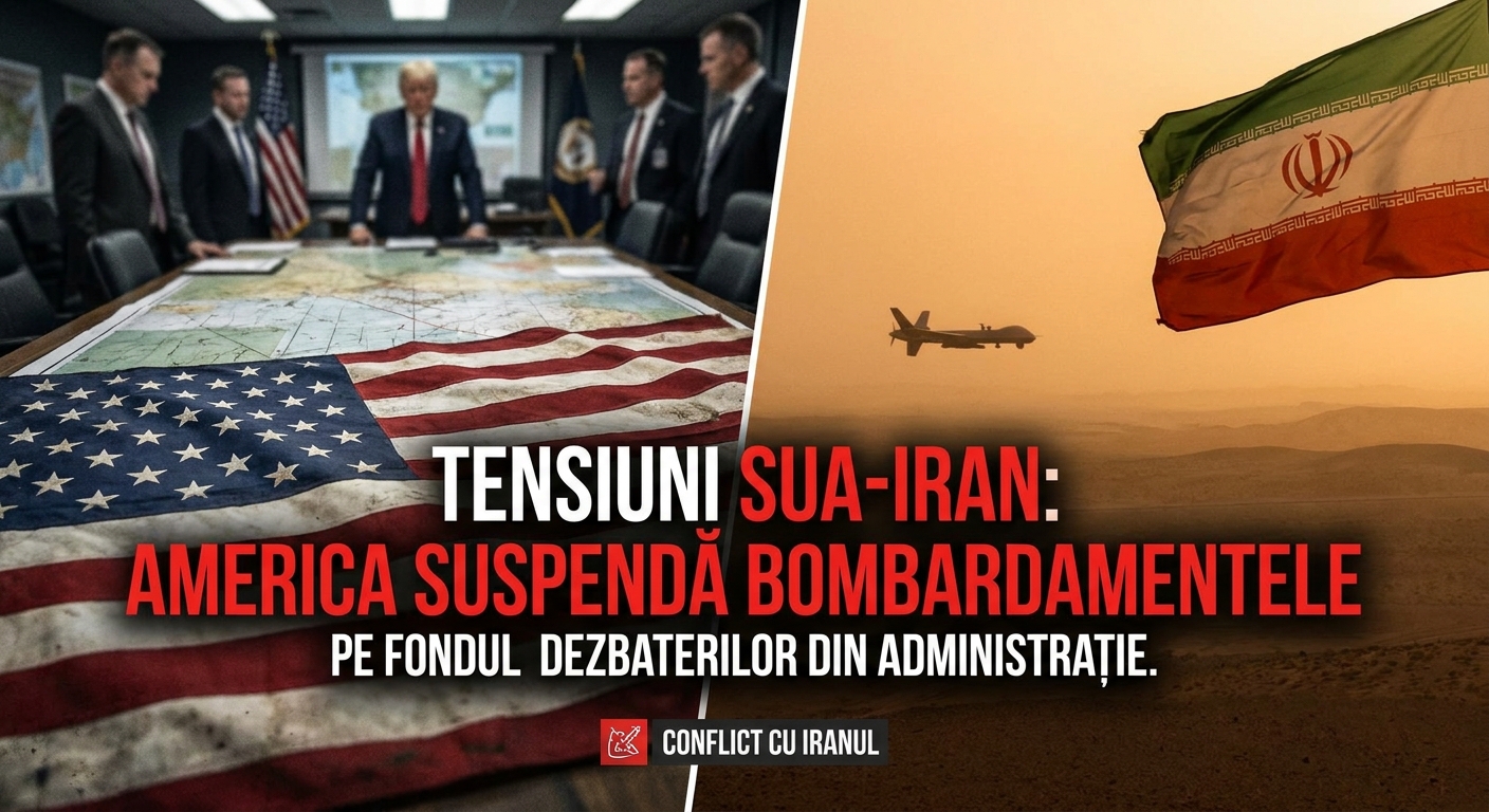 conflict cu Iranul illustration for Tensiuni SUA-Iran: America suspendă bombardamentele pe fondul dezbaterilor din administra