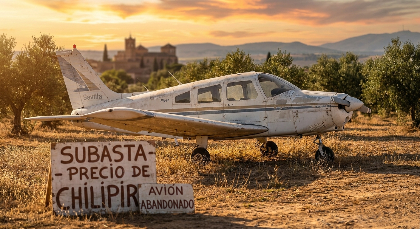 avion abandonat Sevilla illustration for Un avion Piper abandonat în Spania este scos la licitație la un preț de chilipir.