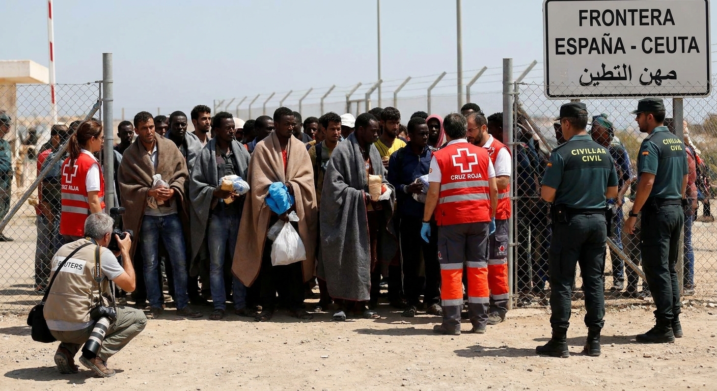 criză migranți Ceuta illustration for Tragedia de la Ceuta: Imagini Reuters cu criza migranților la frontiera spaniolă.